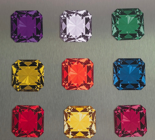 Colorful gemstone-style magnets — emerald cut in purple, clear, green, yellow, orange, blue, red, gold, and pink — luxury fridge and locker flaxible magnets 
Perfect bridesmaid shower gift
Goodies gifts 