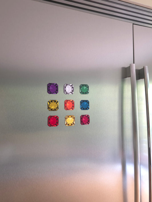 Colorful gemstone-style magnets — emerald cut in purple, clear, green, yellow, orange, blue, red, gold, and pink — luxury fridge and locker flaxible magnets 
Perfect bridesmaid shower gift
Goodies gifts 
Fridge jewelry 